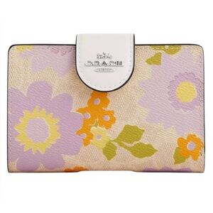Coach NWT Medium Corner Zip Purple and Yellow Floral Wallet
